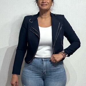 White House Black Market Navy Blue Cropped Moto Jacket Sz 10P